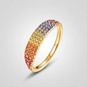 925 Sterling Silver Rainbow Zirconia Ring Gold Plated Gradient Inlaid Band For Women Minimalist Fashion Jewelry Gift