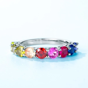 Rainbow cubic zirconia ring in S925 sterling silver with a colorful gemstone band