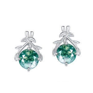 Eleganti orecchini a lobo in argento S925 con agata muschiata e design a ramo d'ulivo
