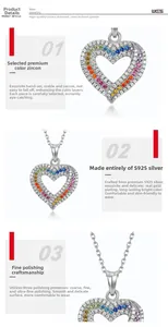 Macro shot of S925 silver heart necklace featuring colorful pavé cubic zirconia