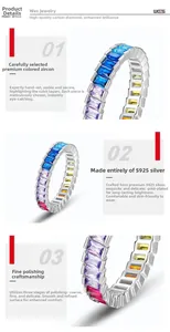 Detail view of S925 sterling silver ring with colorful rectangular cubic zirconia stones
