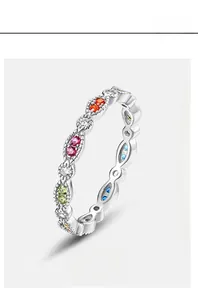 Macro detail of silver eternity ring featuring vibrant multi-color rainbow cubic zirconia