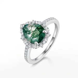 S925 Sterling Silver Pear Cut Moss Agate Ring Vintage Waterdrop Rhinestone Inlaid Luxury Fashion Jewelry For Women Gift