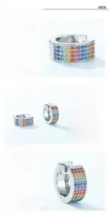 Macro detail of S925 sterling silver hoop earrings with four rows of rainbow zircon stones