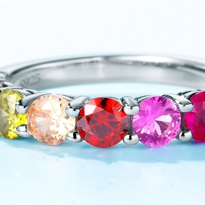 Rainbow round zircon ring in S925 sterling silver with five colorful gemstone settings