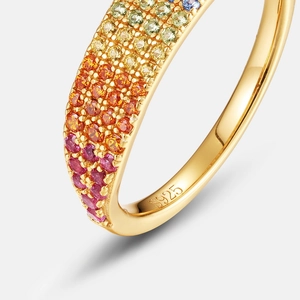 Elegant S925 silver rainbow gradient ring with multi-color cubic zirconia stones