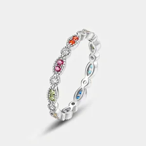 925 Sterling Silver Rainbow Zirconia Eternity Ring For Women Multi Color Geometric Marquise Cut Inlaid Band Jewelry Gift