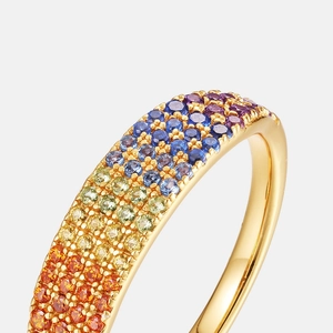 Rainbow CZ S925 silver ring featuring multi-row colorful gems in a gold-plated setting