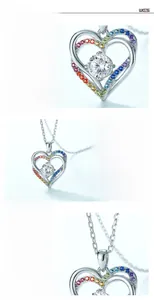 Détails macro du collier cœur en argent S925 avec sertissage de zircons colorés fins