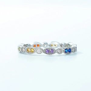 Rainbow gemstone S925 silver ring with multi-color zircons and intricate milgrain detail