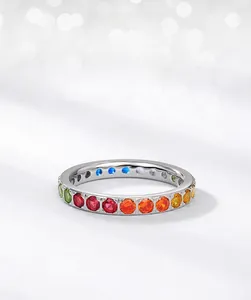 Macro shot of S925 silver ring featuring round cut rainbow cubic zirconia setting