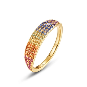 Gold S925 silver ring featuring a vibrant rainbow of pavé-set multi-colored cubic zirconia