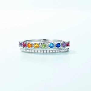 Rainbow gradient gemstone ring with double-layered S925 silver and micro-pave zircons