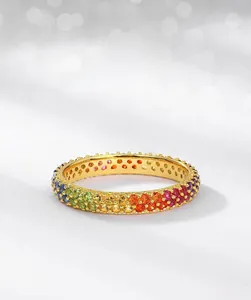 Detailed macro of S925 silver ring with rainbow zircon stones and gradient color layout