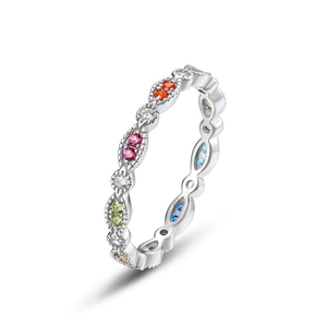 Rainbow cubic zirconia S925 sterling silver ring with colorful gemstones in 45-degree view