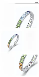 Macro detail of S925 sterling silver ring with multi-color rainbow cubic zirconia stones