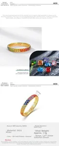 Macro view of S925 silver rainbow ring with 10K gold plating and colorful zircon stones