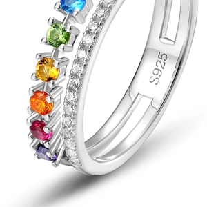 Rainbow gradient zircon double-layer S925 silver ring with colorful round gemstones