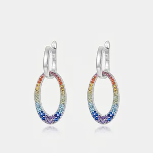 Vintage 925 Sterling Silver Rainbow Zirconia Hoop Earrings For Women Geometric Oval Colorful Pave Inlaid Fashion Jewelry