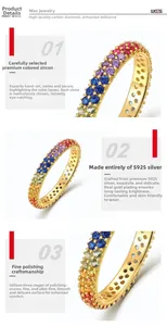 Detailed view of S925 silver rainbow zircon ring with multi-color gemstone inlay