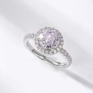 S925 silver halo ring with large round pink zircon and pave-set diamond band accent