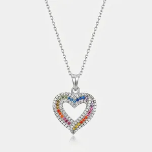 925 Sterling Silver Heart Rainbow Zirconia Pendant Only Without Chain Elegant Colorful Cubic Zirconia Jewelry For Women Gift