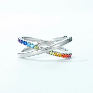 Crossed S925 silver ring featuring rainbow cubic zirconia in a modern X-shape design