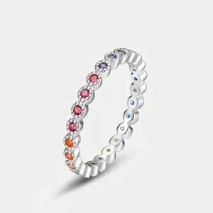 925 Sterling Silver Rainbow Zirconia Ring For Women Elegant Geometric Inlaid Colorful Gemstone Jewelry Wedding Anniversary Gift