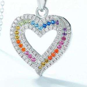 Rainbow heart pendant necklace in S925 silver with colorful gradient zircon stones