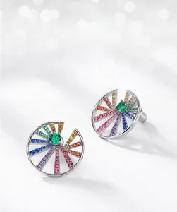 Detailed close-up of S925 sterling silver earrings with round rainbow zircon inlay