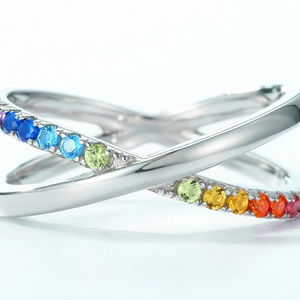 Crossed S925 silver double band ring with colorful rainbow gradient zircon stones
