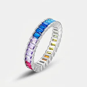 925 Sterling Silver Rainbow Zirconia Ring For Women Colorful Rectangular Cut Eternity Band Ring Fashion Jewelry