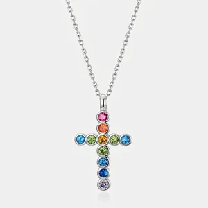 925 Sterling Silver Rainbow Zirconia Cross Pendant Necklace Multicolor Synthetic Gemstone Clavicle Chain For Women Fashion Jewelry