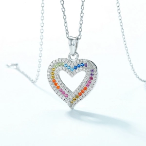 Rainbow zircon heart pendant necklace in S925 sterling silver with multicolored stones