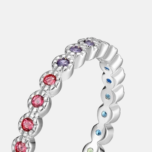 Rainbow cubic zirconia S925 silver ring featuring multi-color gemstones in a gradient row