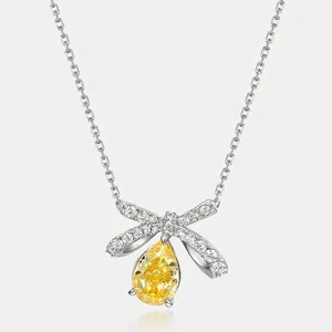 925 Sterling Silver Bowknot Yellow Gemstone Pendant Necklace Rhinestone Inlaid Cable Chain For Women Luxury Jewelry Gift