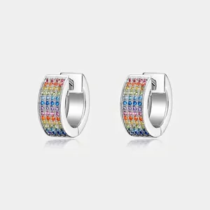 925 Sterling Silver Rainbow Zirconia Hoop Earrings Hip Hop Geometric Four Row Colorful Stone Inlaid Huggie Earrings Unisex Jewelry