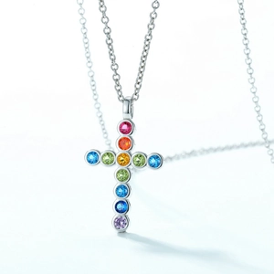 Rainbow gemstone cross pendant necklace in sterling silver with colorful zircon stones