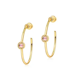 S925 Sterling Silver C-Shape Hoop Earrings 10K Gold Plated Amethyst Garnet Rose Quartz Zirconia Inlaid Jewelry For Women Gift