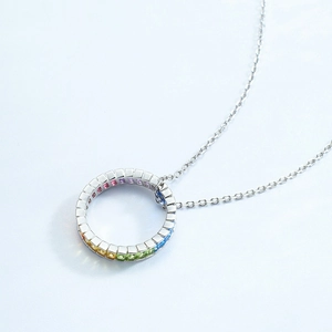 S925 silver necklace with circular pendant featuring rainbow gradient zircon stones