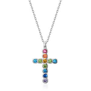Rainbow gemstone cross necklace in S925 sterling silver with colorful zircon pendants