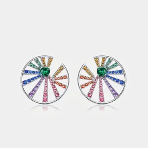 925 Sterling Silver Rainbow Round Zirconia Stud Earrings For Women Pave Colorful Zirconia Minimalist Fashion Jewelry Ear Piercing