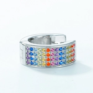 S925 sterling silver huggie earrings with rainbow gradient rows of colored zircon stones