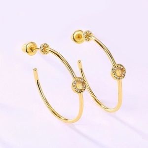 S925 sterling silver gold-plated C-shaped hoop earrings with yellow center stone