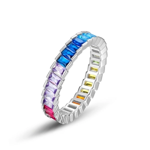 Elegant S925 silver ring featuring gradient rainbow zircon stones in rectangle cut