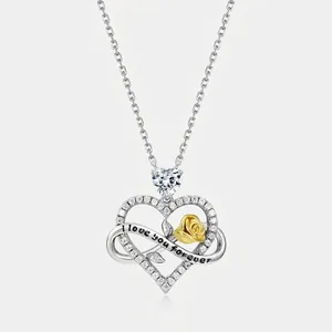 925 Sterling Silver Heart Rose Necklace For Women Infinite Love Forever Engraved Zirconia Pendant Romantic Jewelry Anniversary Gift