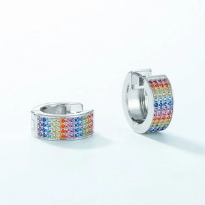S925 Sterling Silver hoop earrings with five rows of colorful rainbow cubic zirconia