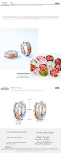 Detail view of rainbow zirconia hoop earrings in S925 silver with 19.8mm height measurements