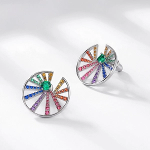Rainbow circular S925 silver stud earrings with colorful zircon and green center stone