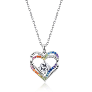 Collier cœur en argent S925 avec pierres arc-en-ciel et centre rond brillant